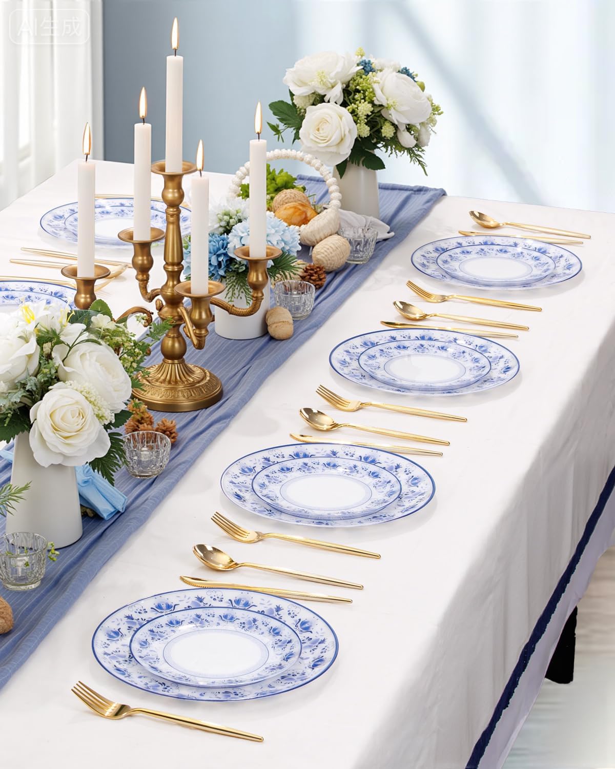 WONDERFUL 32pcs Blue Plastic Plates Blue and White Fancy Disposable Plates Floral Decorative Plate Disposable Heavy Duty for High-End Party Retro Decor